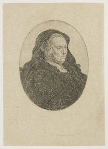 Kunstnerens mor sidder ved et bord og ser mod højre: trekvartprofil af Rembrandt van Rijn