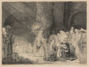 Præsentationen i templet: aflangt print af Rembrandt van Rijn