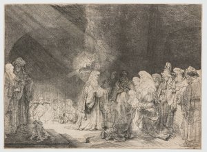 Præsentationen i templet: aflangt print af Rembrandt van Rijn