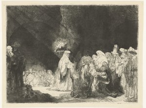 Præsentationen i templet: aflangt print af Rembrandt van Rijn