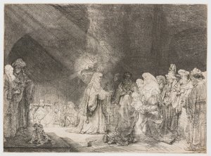 Præsentationen i templet: aflangt print af Rembrandt van Rijn