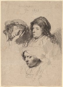 Tre hoveder af kvinder, en sover af Rembrandt van Rijn
