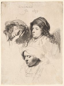Tre hoveder af kvinder, en sover af Rembrandt van Rijn