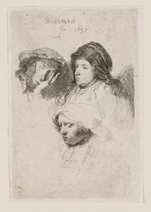 Tre kvindehoveder, hvoraf den ene sover af Rembrandt van Rijn