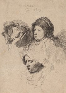 Tre kvinders hoveder, en sover, 1637. af Rembrandt van Rijn