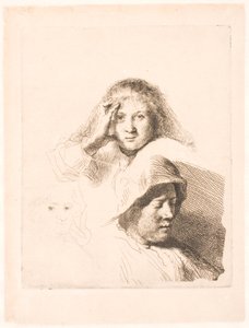 Tre hoveder af kvinder, det ene let ætset af Rembrandt van Rijn