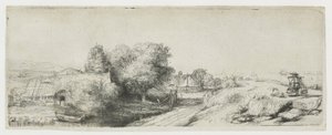 Udsigt over Diemerdijk med en mælkemand og små huse af Rembrandt van Rijn
