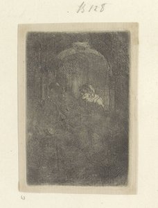 Kvinde i en døråbning, taler med en mand med børn Recueil de quatre-vingt-cinq estampes originales (serietitel) af Rembrandt van Rijn