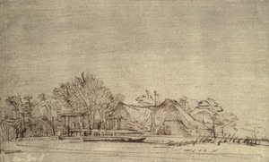 Vinterlandskab med hytter blandt træer, ca. 1650 (rørpen og brunt blæk) af Rembrandt van Rijn