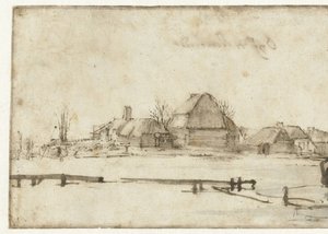 Vinterudsigt med vandvej, hytter og to både af Rembrandt van Rijn