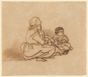 Kvinde siddende på jorden med to børn af Rembrandt van Rijn