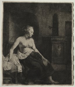 Kvinde, der sidder halvt klædt ved siden af et komfur, 1658. af Rembrandt van Rijn