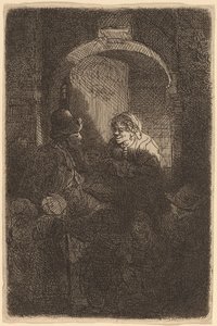 Kvinde ved en dørluge taler med en mand og børn (skolelæreren) af Rembrandt van Rijn