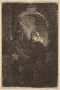 Kvinde ved en døråbning, der taler med en mand og nogle børn (Skolelæreren) af Rembrandt van Rijn