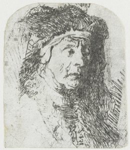 Kvinde i en pelsklippet kappe Buste af en gammel kvinde i pelskappe og tung hovedbeklædning af Rembrandt van Rijn