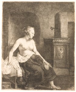 Kvinde sidder halvt påklædt ved siden af et komfur af Rembrandt van Rijn