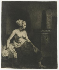Kvinde sidder halvt påklædt ved siden af et komfur af Rembrandt van Rijn