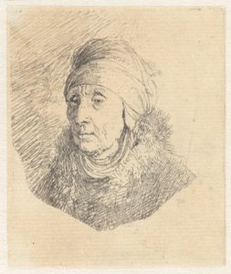 Kvinde med en høj hovedbeklædning, der er viklet rundt om hagen: brystbillede af Rembrandt van Rijn