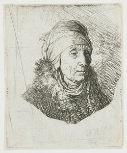 Kvinde med en høj hovedbeklædning, der er viklet rundt om hagen: brystbillede af Rembrandt van Rijn