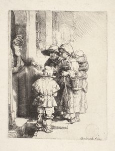 Tiggere, der modtager almisser i døråbningen af Rembrandt van Rijn