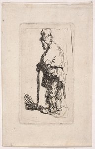 En tigger, der støtter sig til en stok, vendt mod venstre af Rembrandt van Rijn