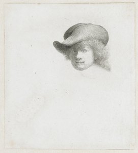 Selvportræt med slap hat og bearbejdet kappe af Rembrandt van Rijn