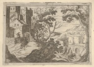 Landskab med bygninger til venstre og en bro til højre forneden, ca. 1620-50. af Remigio Cantagallina