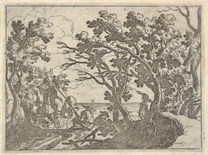 Landskab med landfisker og mandlig tilskuer under træer, en mand i en bådstævn..., ca. 1620-50.