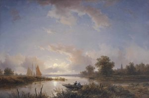 Lystfiskere i en robåd i skumringen af Remigius Adrianus Haanen