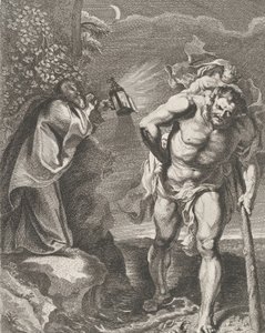 Sankt Christopher bærer Kristusbarnet over en å, en anden mand holder en ..., ca. 1636-80.