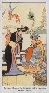 Østligt ordsprog: En mand tror, han ved, men en kvinde ved bedre (farve litho) af René Bull