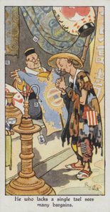 Østligt ordsprog: Den, der mangler en enkelt tael, ser mange gode tilbud (farve litho) af René Bull