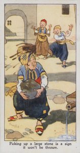 Østligt ordsprog: At samle en stor sten op er et tegn på, at den ikke bliver kastet (farve litho) af René Bull