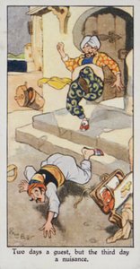 Østligt ordsprog: To dage en gæst, men den tredje dag en gene (farve litho) af René Bull