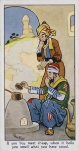 Hvis du køber kød billigt, kan du lugte, hvad du har sparet, når det koger (farve litografi) af René Bull