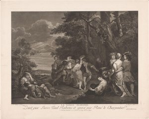 Landskab med dansende figurer La danse flamande (titel på objekt) af René Jacques Le Charpentier