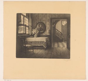 Interiør med portræt, bord og udsigt til en korridor af René Janssens (signed by artist)