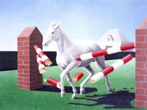 Forhindring, 2004, farveblyantstegning på papir af Rene Boin