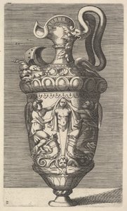 Vase med to vingede figurer, der draperer et udtryk, 1600-tallet. af Rene Boyvin