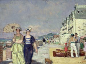 Elegante kvinder ved strandpromenaden i Cabourg, ca. 1929 (olie på lærred)