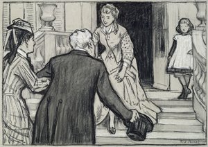 Besøget, illustration fra La Jeune Fille Bien Elevee af Rene Boylesve (sort-hvide kridt på papir) af René François Xavier Prinet