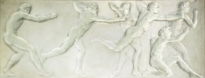 Et figurpanel i formstøbt glas, der forestiller seks nøgne mandlige atleter, af Rene Jules Lalique