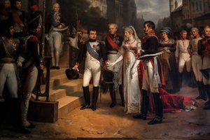Napoléon modtager Dronningen af Preussen i Tilsitt af Rene Theodore Berthon