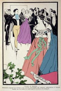 Repræsentation af Beau Brummell (George Bryan Brummell) (1778-1840) under en verdslig reception, fødte han udtrykket "dandy" og spillede en vigtig rolle i mænds mode. Illustration af Rene Vincent (1879-1936).