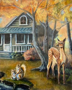 Hjorte og egern om efteråret af Renee Machan Cottagecore Artist