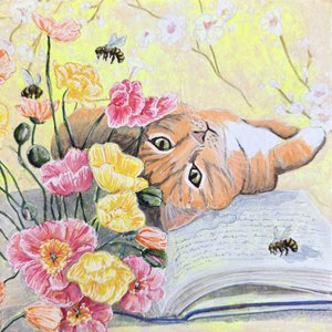 En kat blandt valmuer af Renee Machan Cottagecore Artist