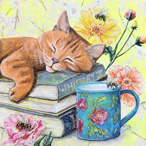 Sovende kat blandt bøgerne af Renee Machan Cottagecore Artist