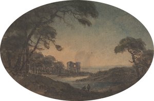 Landskab med to mænd og en borgruin på flodbredden