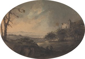Landskab med to mænd på en bakke og et slot i det fjerne af Rev. William Gilpin