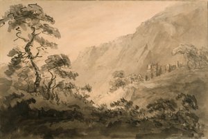 Bjerget landskab med ruin (pen, blæk og blæk vask over blyant på råhvidt lagt papir forberedt med en sepia vask)